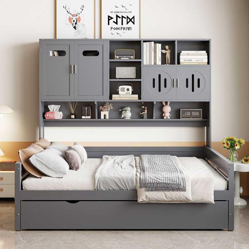 Lit de jour en bois avec couchette, Gris, Complet/Double