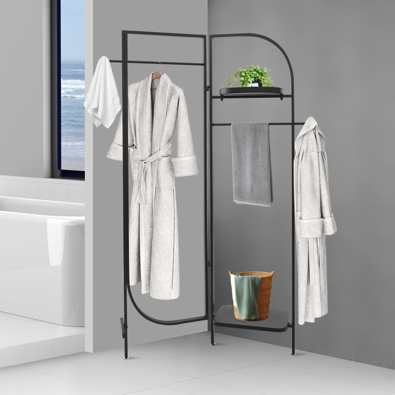 Porte-vêtements d'angle moderne noir, support à vêtements autoportant réglable à 90 ° - 180 ° avec tablettes et crochets