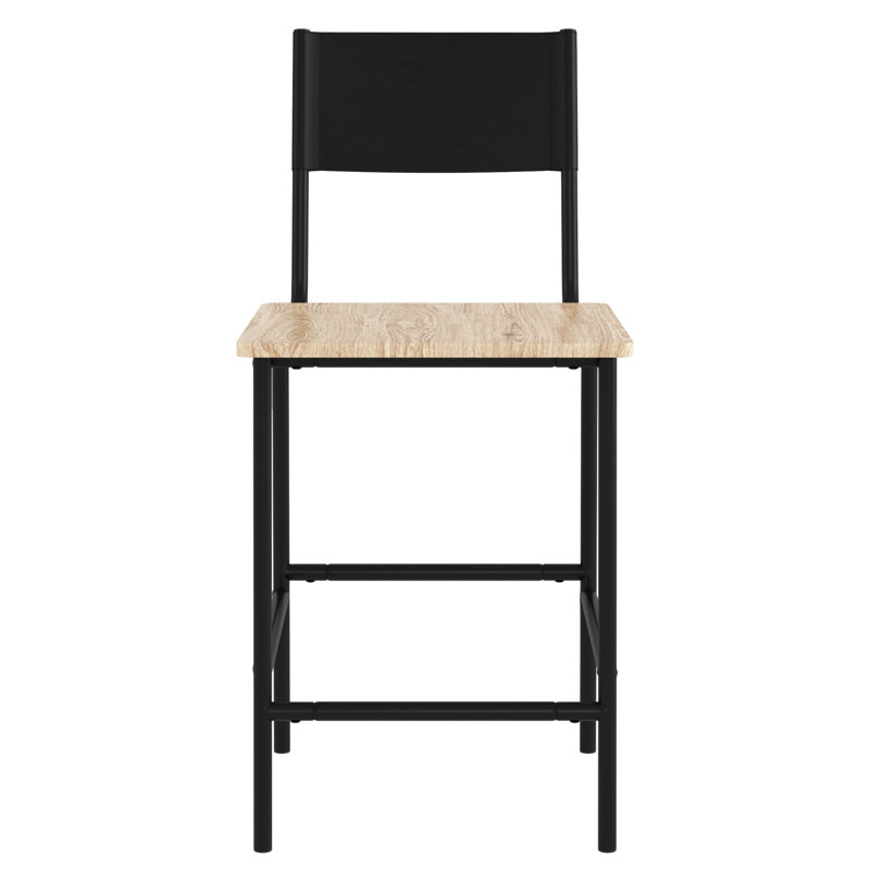 Tabouret à hauteur de comptoir avec siège en faux bois rustique, finition noire, polyvalent pour plusieurs espaces de repas, zones d'installation rapide,