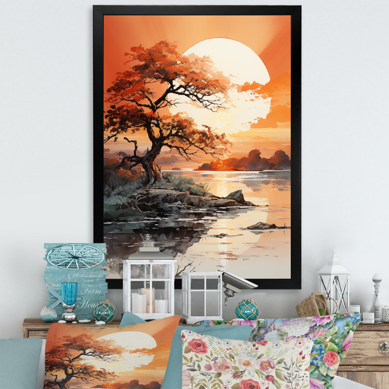 Orange, lune, silhouette, paysage I, art mural floral, salon, Cadre photo noir, H 20 po x l 12 po x P 1 po
