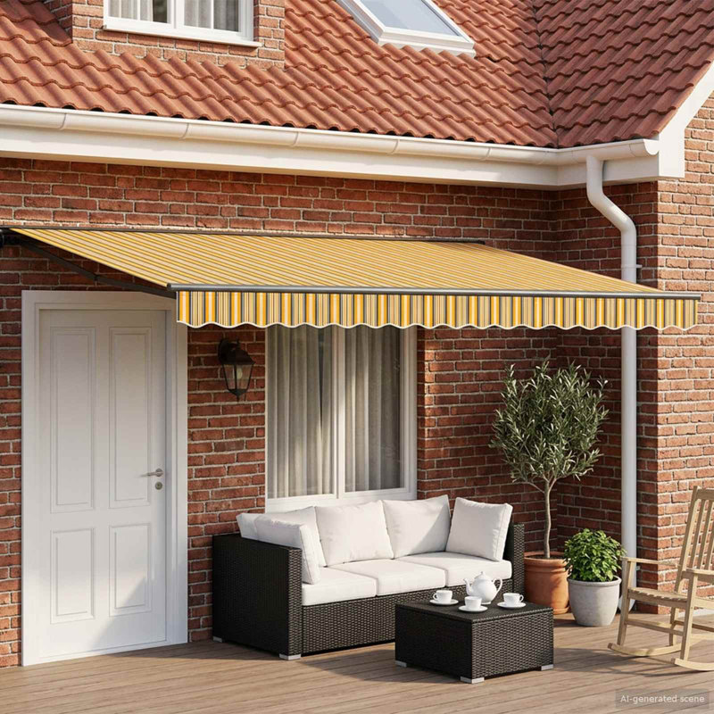 VidaXL Polyester Cover Retractable Patio Awning, 165cm H x 450cm W x 350cm D, Yellow/Grey, Striped