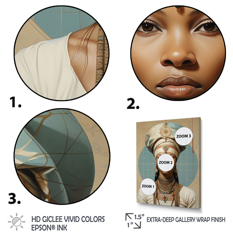 Portrait de femme africaine bleue et beige, Cadre flottant doré, H 20 po x l 12 po x P 1 po