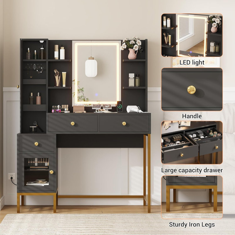 Modern Vanity Desk with Mirror & Lights, Adjustable 3 Lighting Modes Makeup Vanity Table with Stool, Charging Station, Drawers, Cabinet & Open Shelves for Bedroom