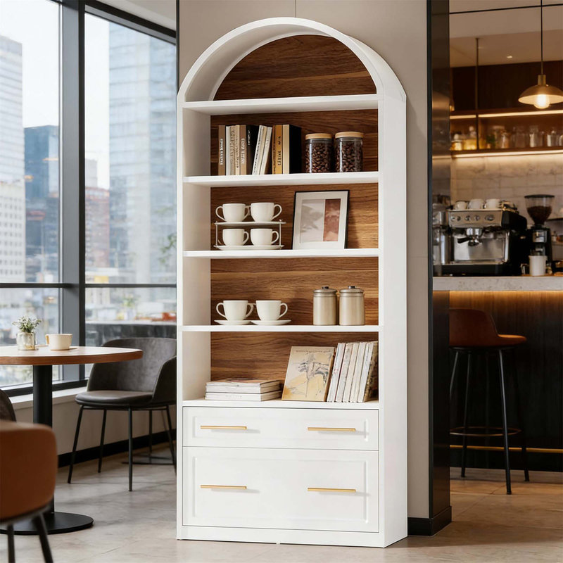 Utilitarian Design Arched Bookcase Two-Tone Sturdy Anti-tip Bookshelf, White