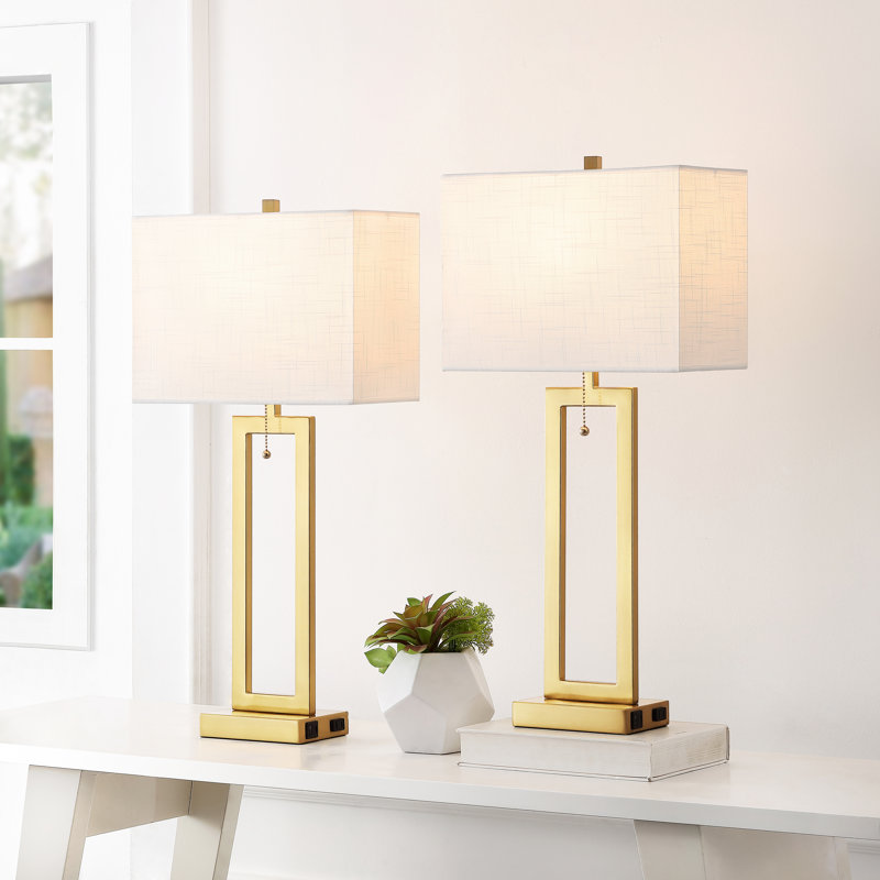 28.5" Metal Table Lamp Set With USB, Type-C Ports And Built-in Outlet, Brushed Gold