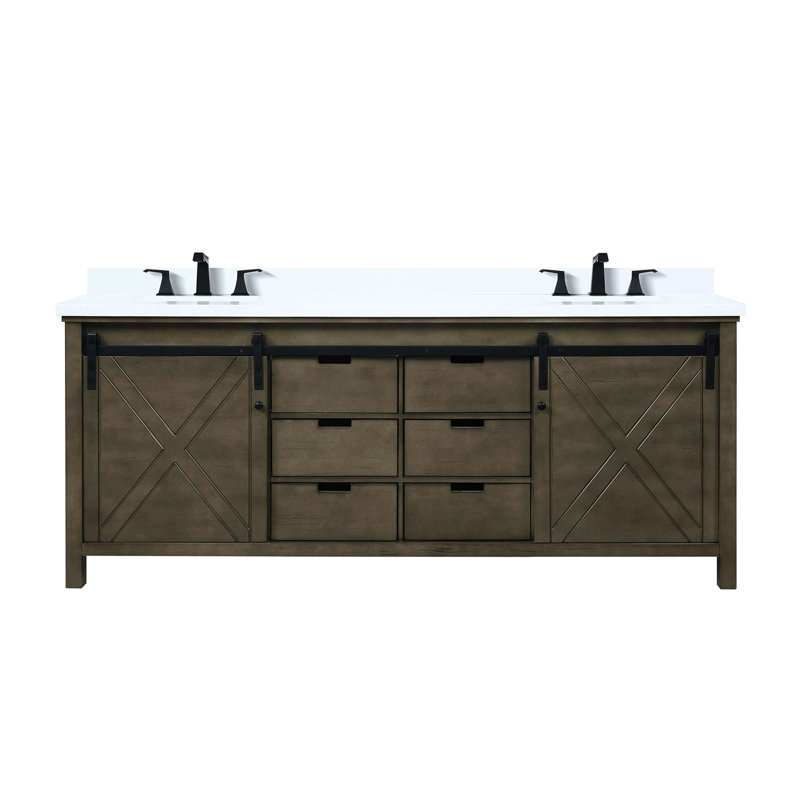 80 po W Double meuble-lavabo brun rustique avec comptoir en quartz et robinet