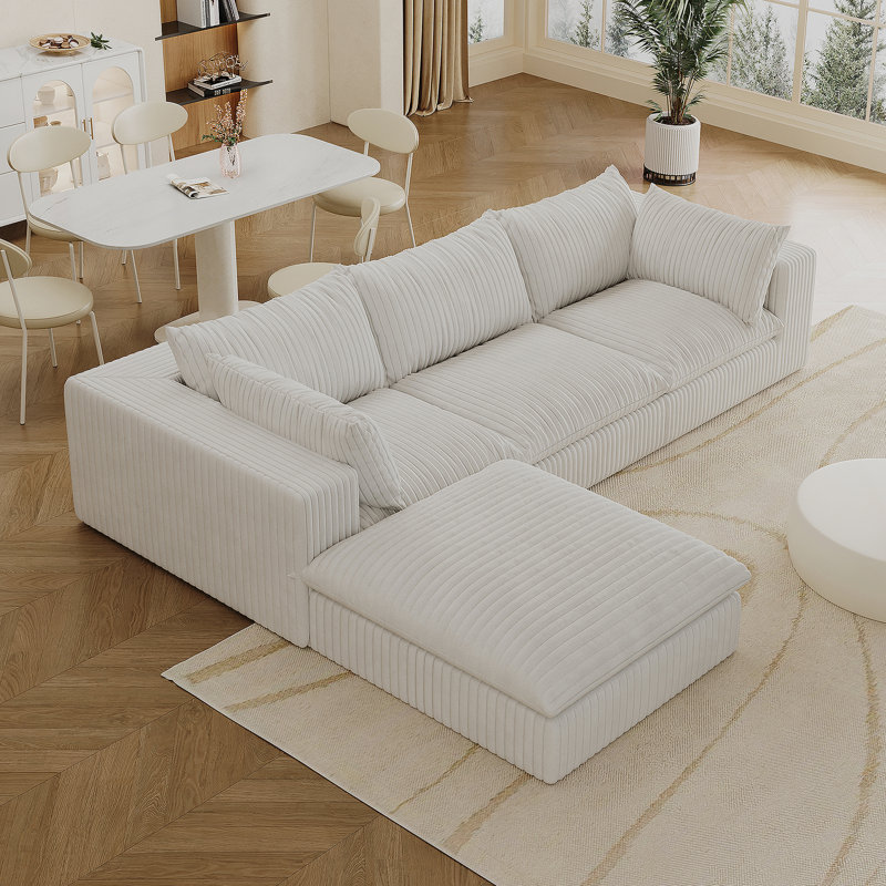 Canapé Cloud, tissu velours côtelé, sièges profonds, conception à deux couches, coussin amovible, Blanc