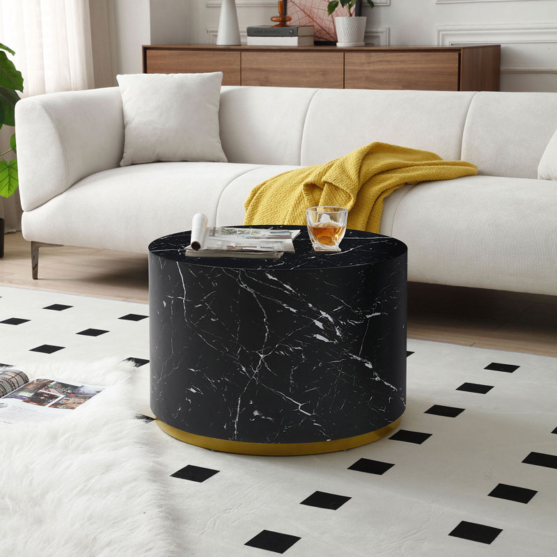 Round Cocktail Table with Manufactured Wood Table Top, Black, 15.7" H x 23.6" L x 23.6" W