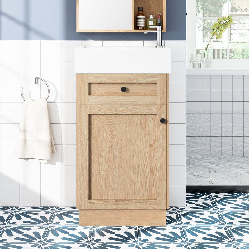 Meuble-lavabo rustique de 18,5 po avec lavabo réversible en résine, armoires intégrées, tablettes réglables pour optimiser l'espace, poignées, finition grain de bois, portes à fermeture silencieuse de style rustique
