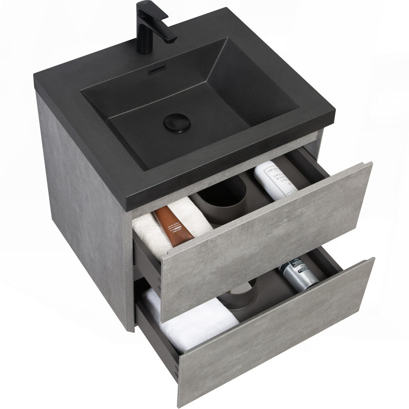 Meuble-lavabo flottant 24 po avec lavabo, meuble de rangement mural avec lavabo à quartz noir et tiroirs à fermeture en douceur entièrement assemblés