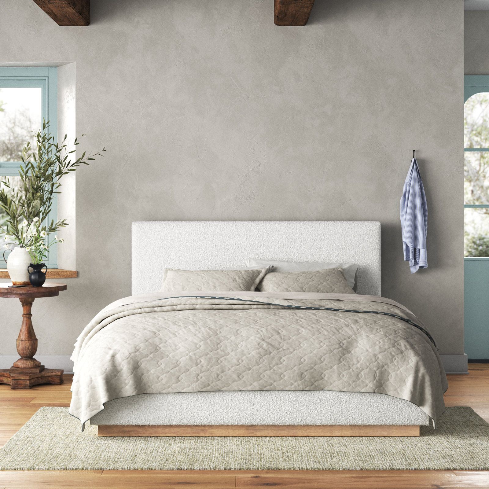 Drago Upholstered Platform Bed, Cream Boucle, King