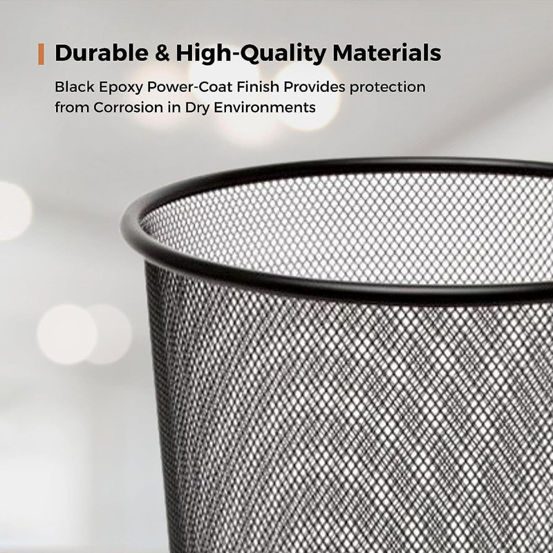 Kilmersdon 10L Round Mesh Bins Black Nonslip Metal Waste Paper Bin Indoor Waste Bin For Home Office