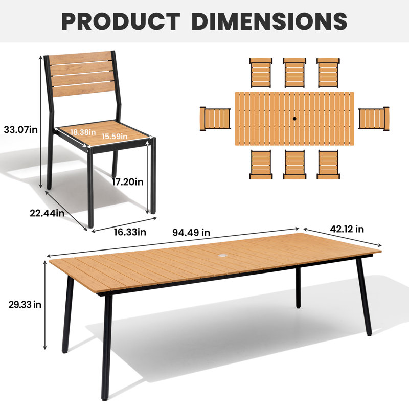 8-Person 94.49'' L X 42.12'' W Outdoor Dining Set with Aluminum Frame, Umbrella Hole and Armless Chairs, Brown