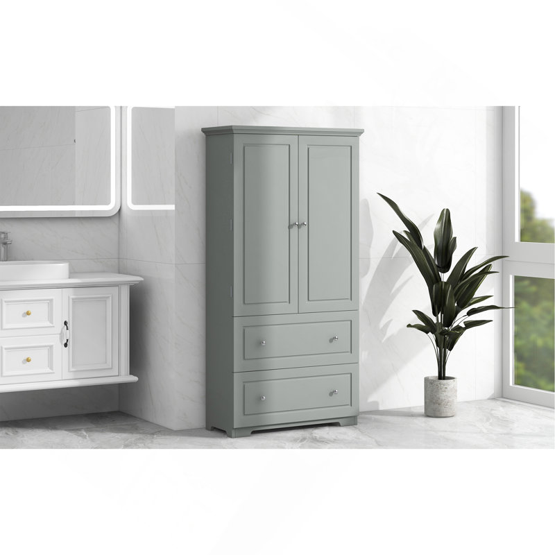 Wide Bathroom Storage Cabinet, Freestanding Storage Cabinet With Two Drawers And Adjustable Shelf, MDF Board With Painted Finish, Grey