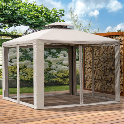 Pavillon de jardin extérieur 9,6 pi avec 2 toits et filets, abri à baldaquin à cadre en acier pour le jardin, la pelouse, la cour, la terrasse, imperméable, gris