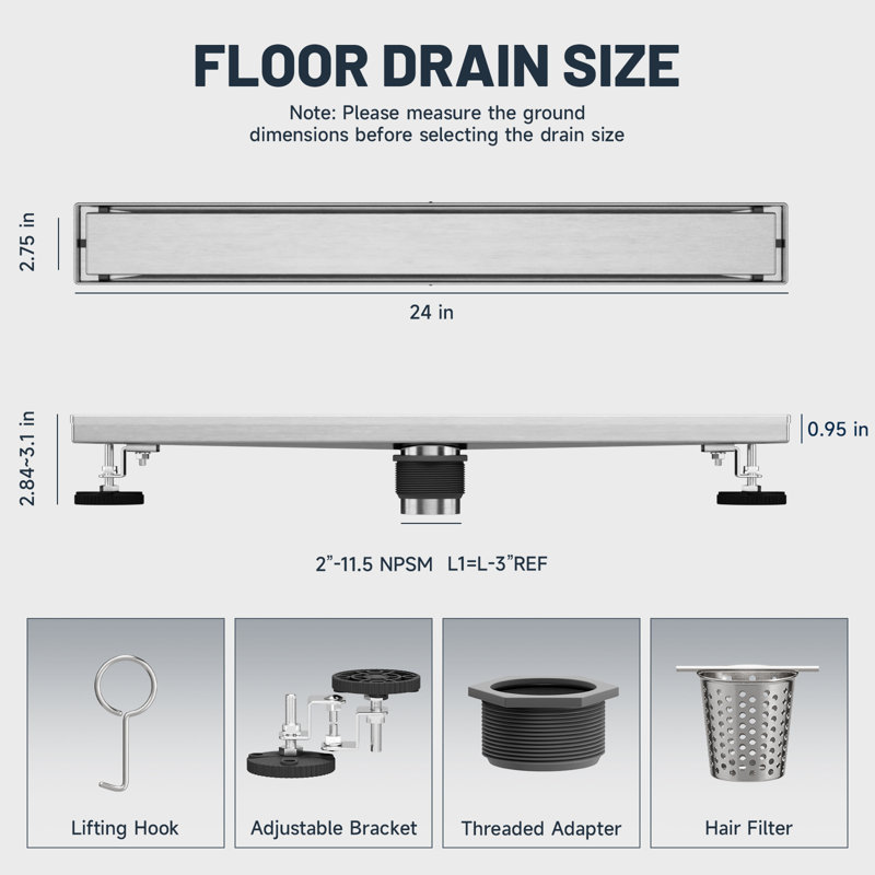 24 po Drain de douche avec panneau d'insertion de tuiles 2 en 1 Drain linéaire en acier inoxydable pour un drainage rapide en nickel brossé