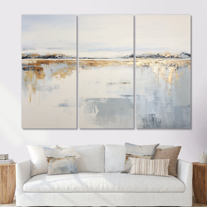 «Bold Beige and Gold Coastal Skyline - Port Landscape Coastal, art sur toile, H 28 po x l 36 po x P 1 po, Toile tendue
