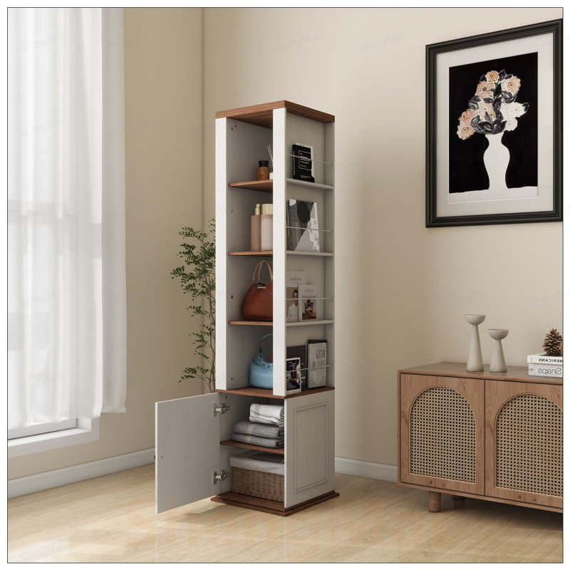 Armoire de rangement rotative à 360 degrés avec miroir pleine longueur, 8 tablettes ouvertes, crochets et 1 porte pour un usage domestique polyvalent