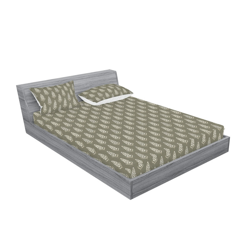 Ambesonne Fitted Sheet & Shams, Green/Brown/Off White Flower, King Sheet Set with 2 Pillowcases