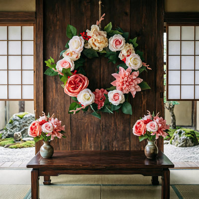 18 Inch Spring Peony Wreath Set, Artificial Silk Floral Rattan Farmhouse Front Door Wall Decor