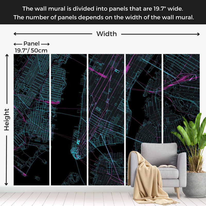 Papier peint carte carte - Manhattan bleu, L 110 po x l 157 po
