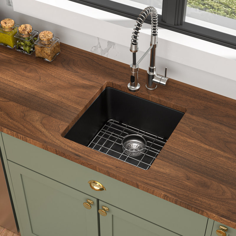 Undermount Kitchen Sink Quartz Single Bowl Kitchen Bar Sink with Roll Up Rack, Black, 17" L x 17" W