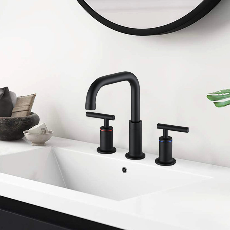 8" Widespread Double Handle Bathroom Faucet In Matte Black With Pop Up Drain - Solid Brass Construction, 360 Swivel, Drip- Ceramic Disc Valves, Flow Spout, 1.5 Gpm, Easy Installation, Rust And