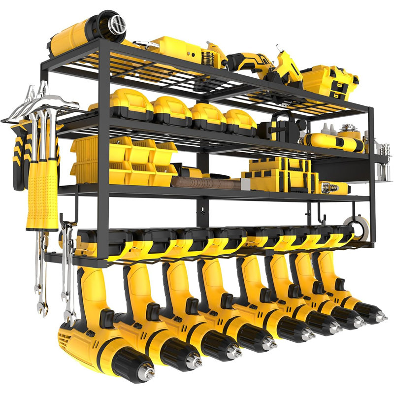 Support mural robuste pour organisateur d'outils: 4 niveaux, 8 supports de perceuse, grand rangement pour atelier de garage