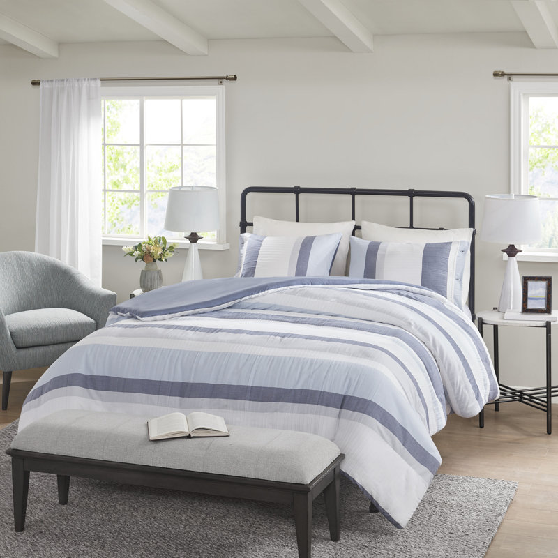 Full/Queen Blue Striped Jacquard Duvet Cover Set