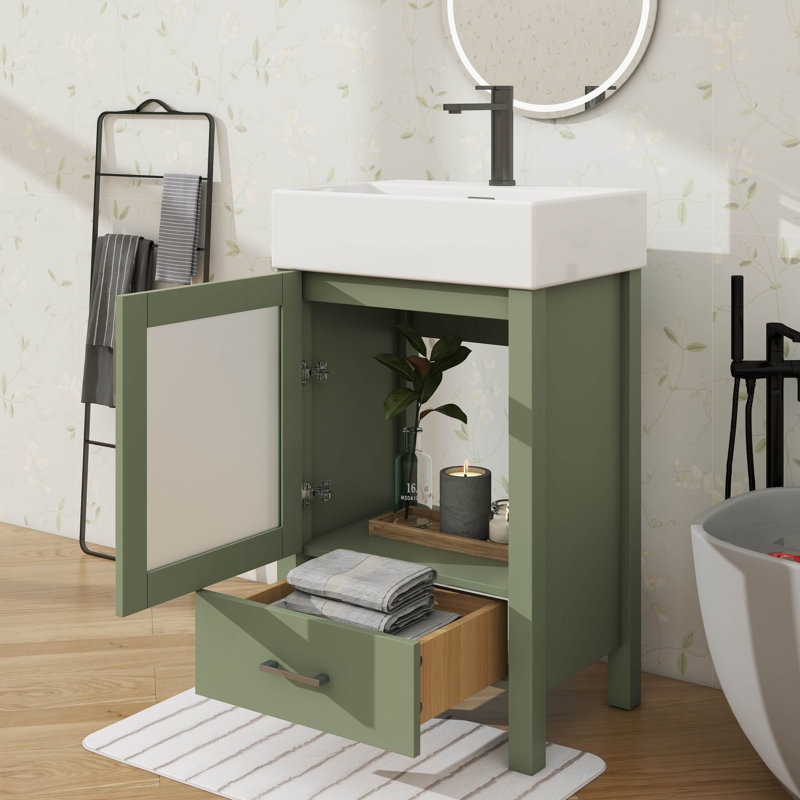 Meuble-lavabo de 20 po avec lavabo en céramique et rangement suffisant, Vert / noir