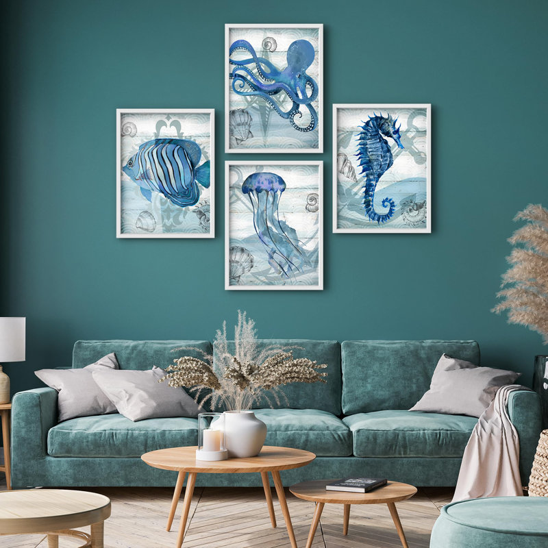Framed Wall Art Print Gallery Set, Octopus, Clownfish, Jellyfish Amphibians Wilderness Digital Art Modern Nautical Multicolor Blue for Living Room, Bedroom, Office