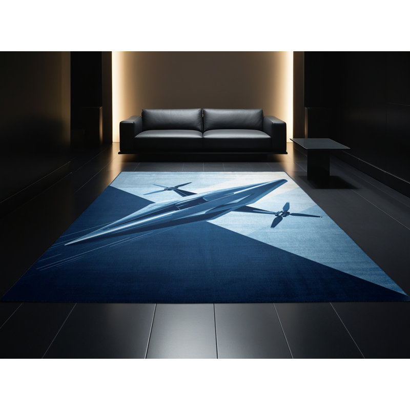 Machine Washable Vehicles And Transportation Flying Taxi Drone Modern Rug in Blue – Navy Binding, 2x5