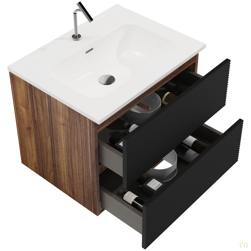 Meuble-lavabo mural 24 po avec lavabo intégré en céramique avec trop-plein, grand meuble-lavabo flottant avec rangement pour salle de bain moderne, KD