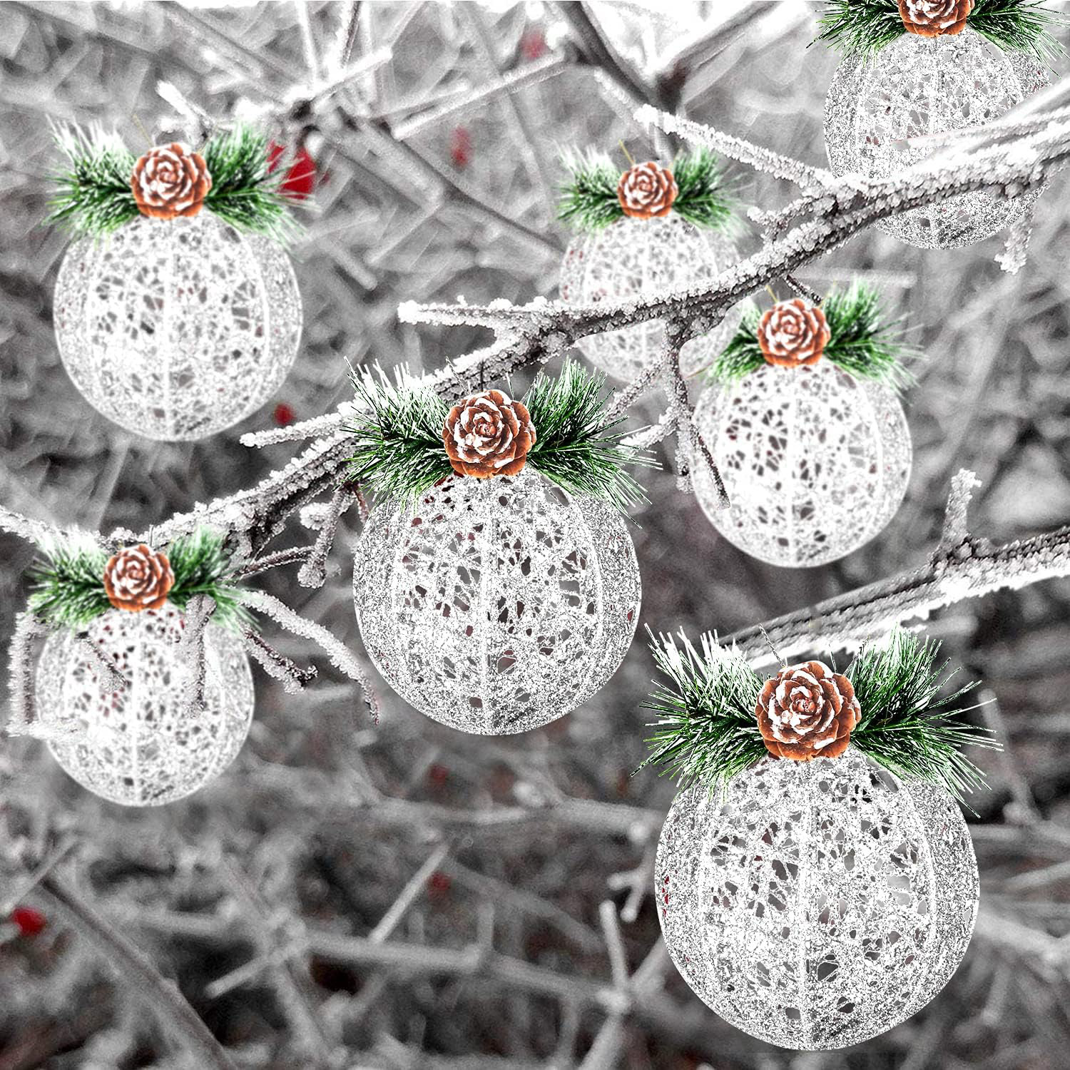 AMIBZ 4Pc Set Silver Pinecone Rattan Thread String,Christmas Ornament ...