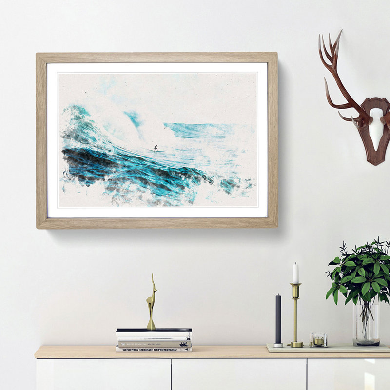 Surfs up - Picture Frame Graphic Art Print, 33cm H x 45cm W x 2cm D, Oak Framed
