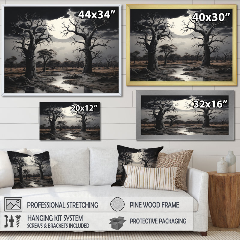 Baobab Tree Silent Sentinels, reproduction d'art sur toile, Cadre photo noir, H 16 po x l 32 po x P 1 po