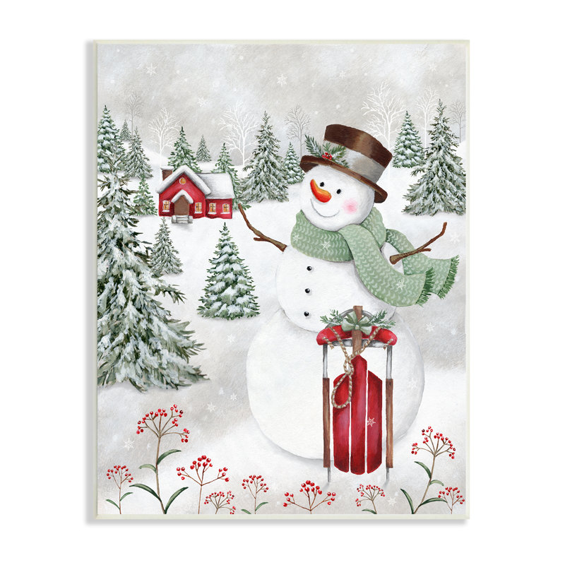 Joyeux bonhomme de neige, traîneau rouge, Holly Botanicals, estampe numérique encadrée noire, art texturé par Emma Leach