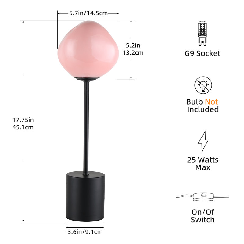 18"  Pink Metal Table Lamp with Glass Globe Shade, Pink