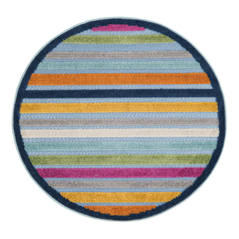 Tapis intérieur / extérieur en polyester tissé à la machine à rayures bleu / mauve / vert / rouille, Rond 3 pi 3 po