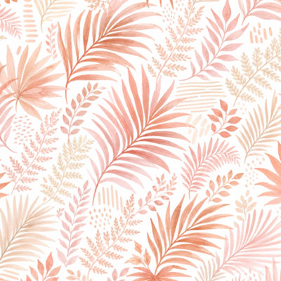 Papier peint adhésif à motif aquarelle de feuilles de palmier pêche rose pâle et adhésif l 23,6 po x H 118 po amovible