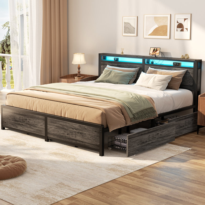 Bed Frame With 4 Drawers, Metal Frame With LED Light And Outlet, Storage Headboard, Gray, King