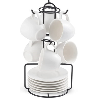 Tasses à espresso et soucoupes avec support en métal, ensemble de tasses à demitasse en porcelaine pour espresso, café au lait, café moka, cappuccino et thé, 3 onces, ensemble de 6, blanc