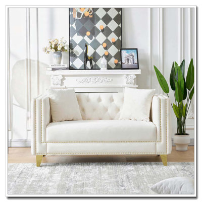 58"Chesterfield Velvet Sofa,2 Seater Deep Seat Sofa,Modern Sofa with Button Nailhead,Square Arm Couches,Furniture for Living Room,Bedroom,Office(Beige)