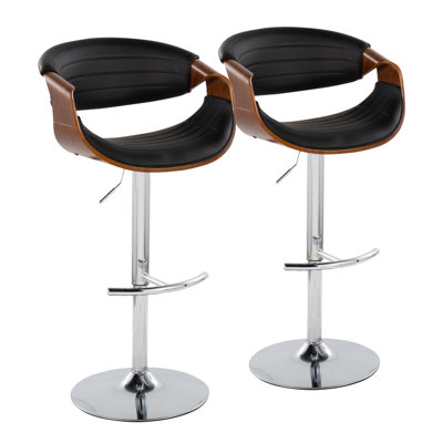 Symphony Mid-Century Modern Adjustable Barstool With Swivel In Black Metal, Walnut Wood And Cream Faux Leather With Rounded T Footrest By Lumisource - Set Of 2