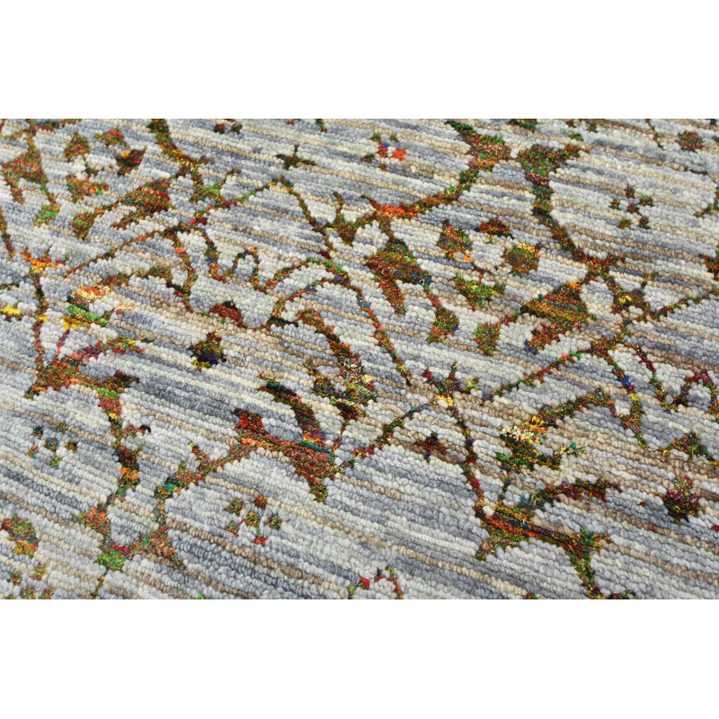 Tapis gris / vert en laine noué à la main de conception unique 7 pi 11 po x 9 pi 8 po New Age Jumper