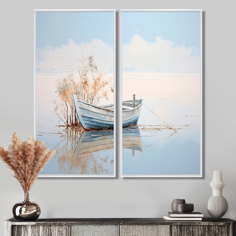 Bleu et blanc, petit bateau au bord du lac - ensemble de 2 décorations murales encadrées, H 20 po x l 24 po, Blanc