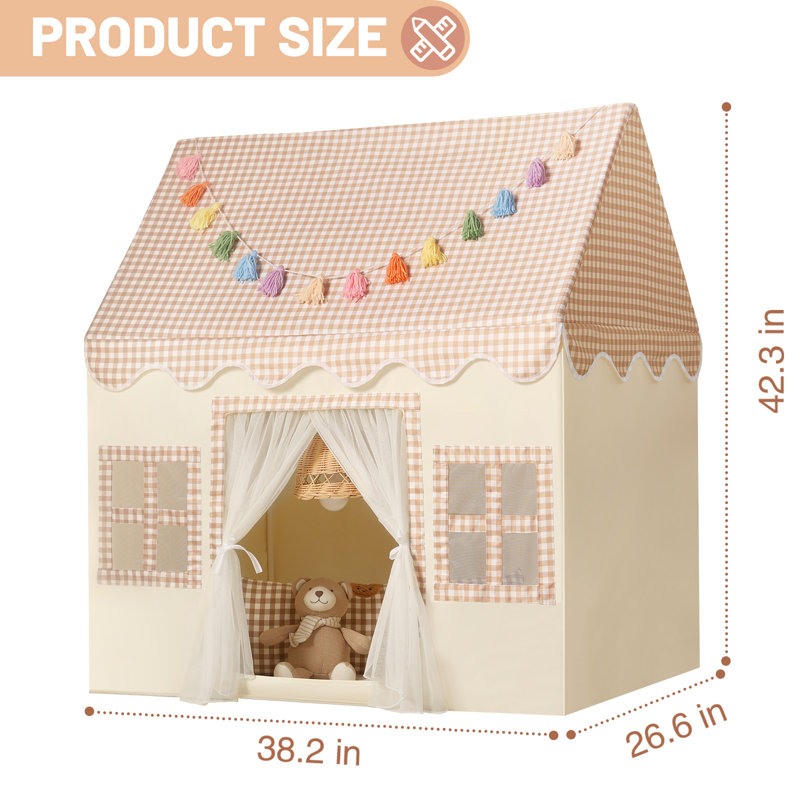 Wilwolfer Kids Play Tent Indoor with Cozy Checkered Mat & Star Lights - Colorful Rainbow Tissue Garland Decor, Toddler Playhouse for Girls & Boys, Perfect Birthday Gift, Christmas Present, Bedroom Decor Toys for Kids (Brown)