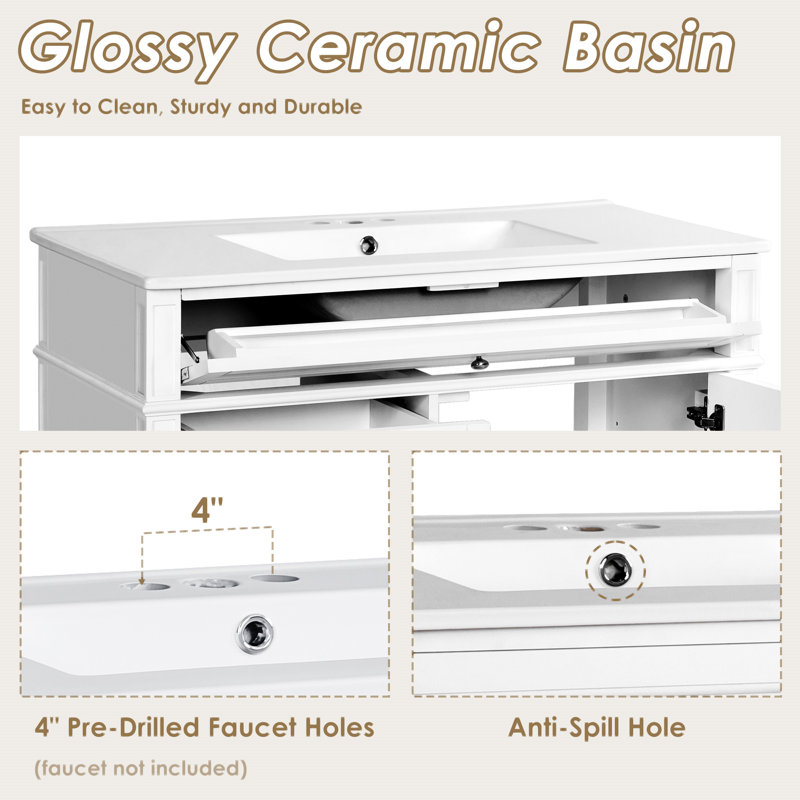 36'' Bathroom Vanity With Top Sink, Blanc, Argent argent