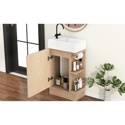 Meuble-lavabo naturel de 18,6 pouces avec lavabo, armoire, porte-papier hygiénique, tablette, emplacement du lavabo gauche ou droit, placement autoportant, design