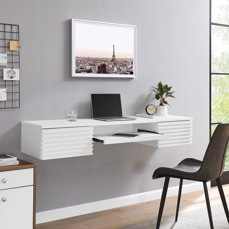White Wall Mounted Wood Computer Desk with Drawer and Keyboard Tray